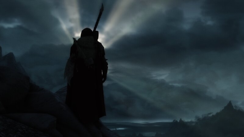 Silhouetted Warrior on Cliff — Dark Blue