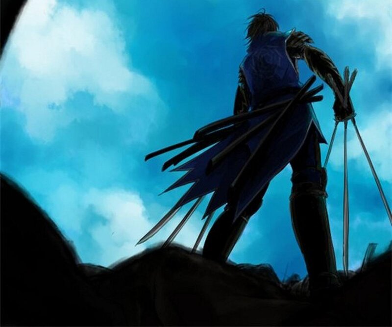 Silhouetted Warrior with Swords