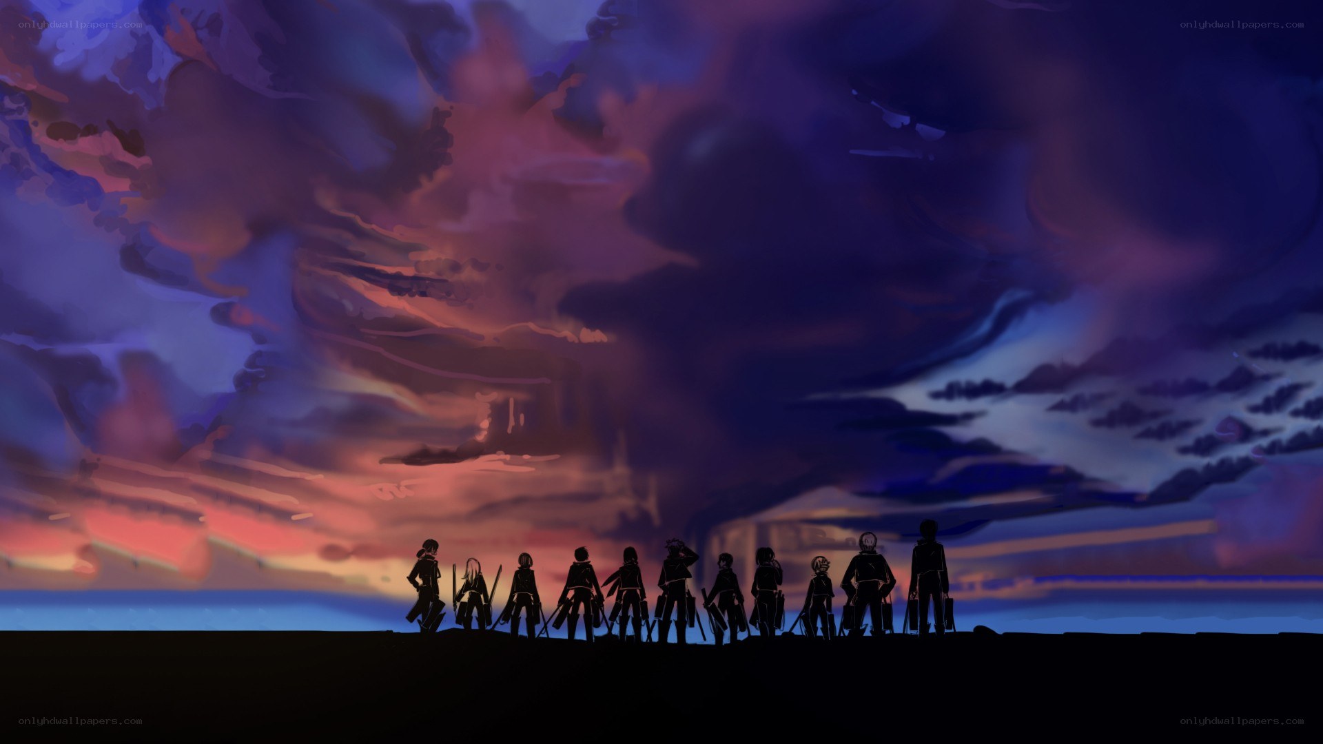 Silhouetted warriors at dusk