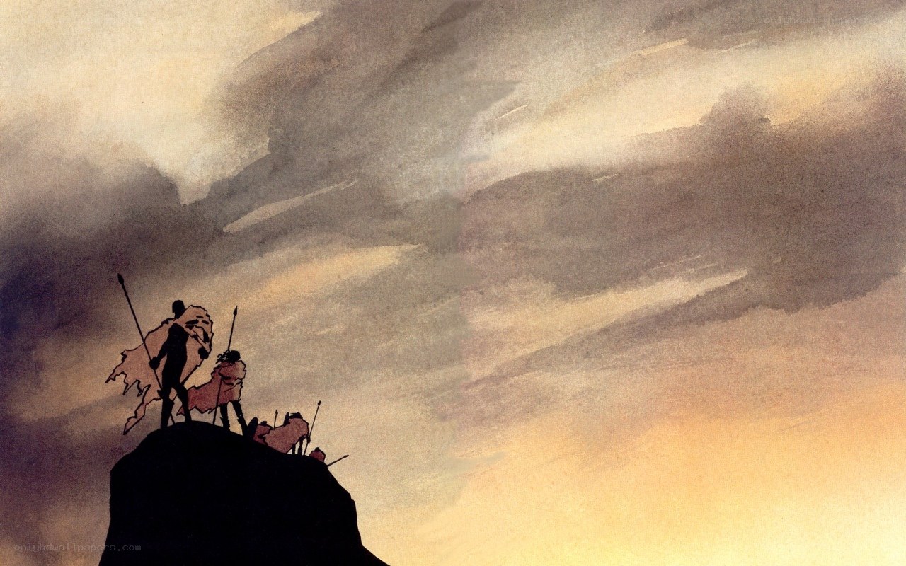 Silhouetted warriors on a cliff