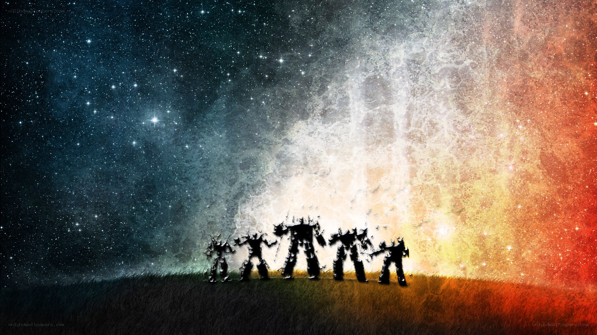 silhouetted warriors on a starry field