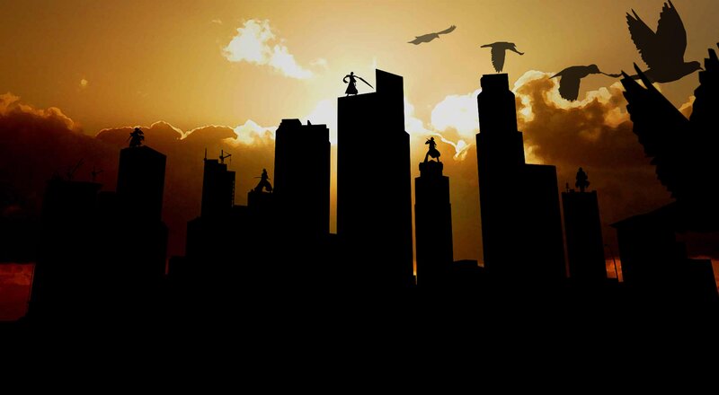 Silhouetted Warriors on Buildings