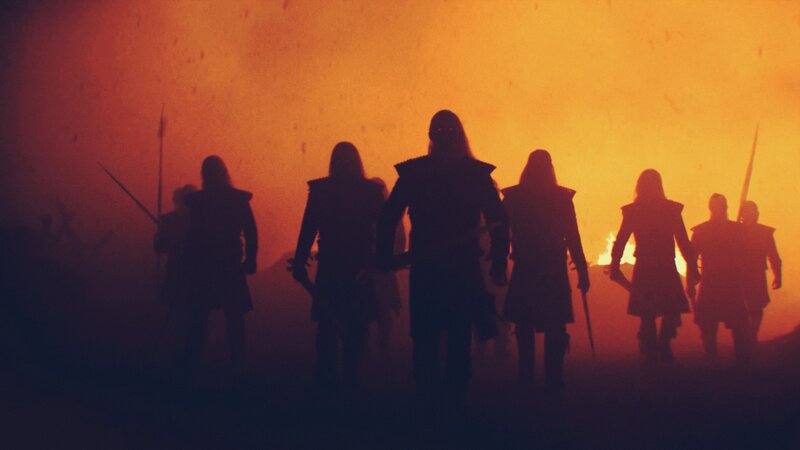 Silhouetted Warriors — Orange, Dramatic, Night