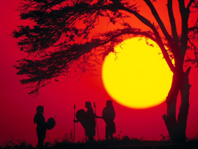 Silhouetted Warriors — Red, Dramatic, Sunset