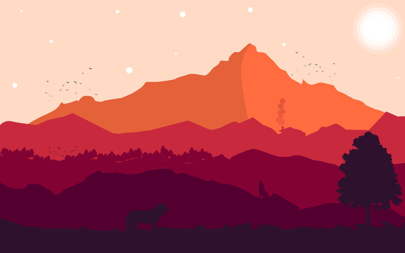 Silhouetted Wolves in Mountains