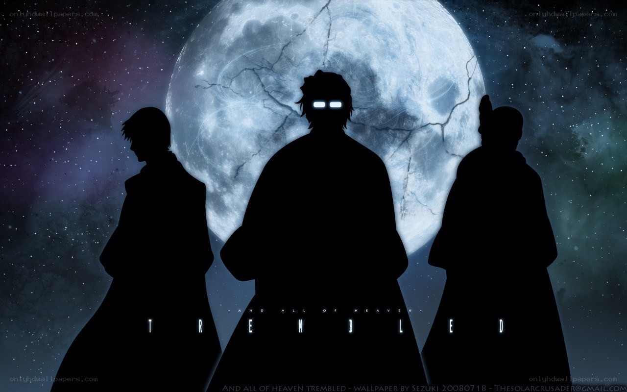 Silhouettes against a cracked moon