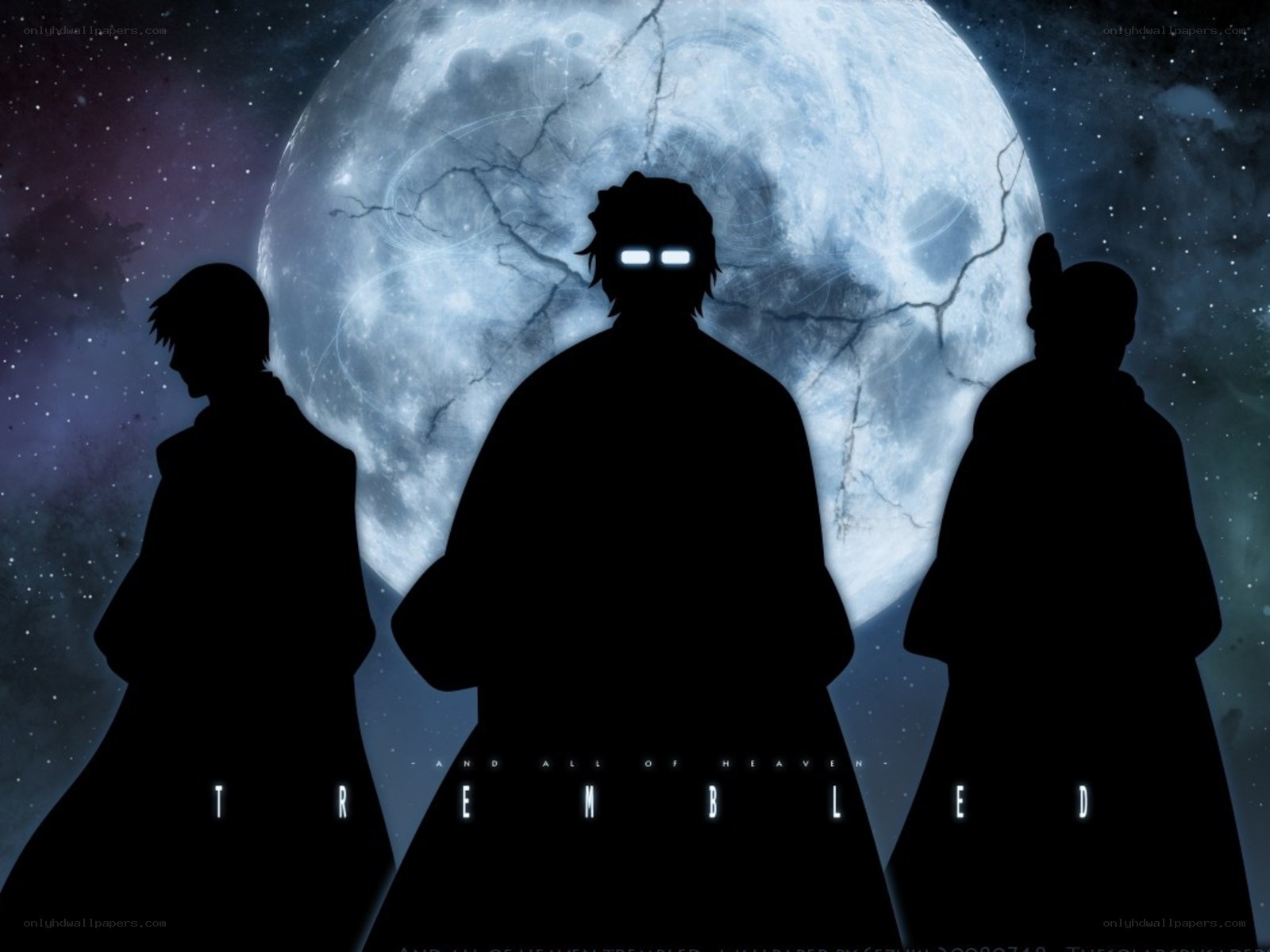 Silhouettes against a cracked moon