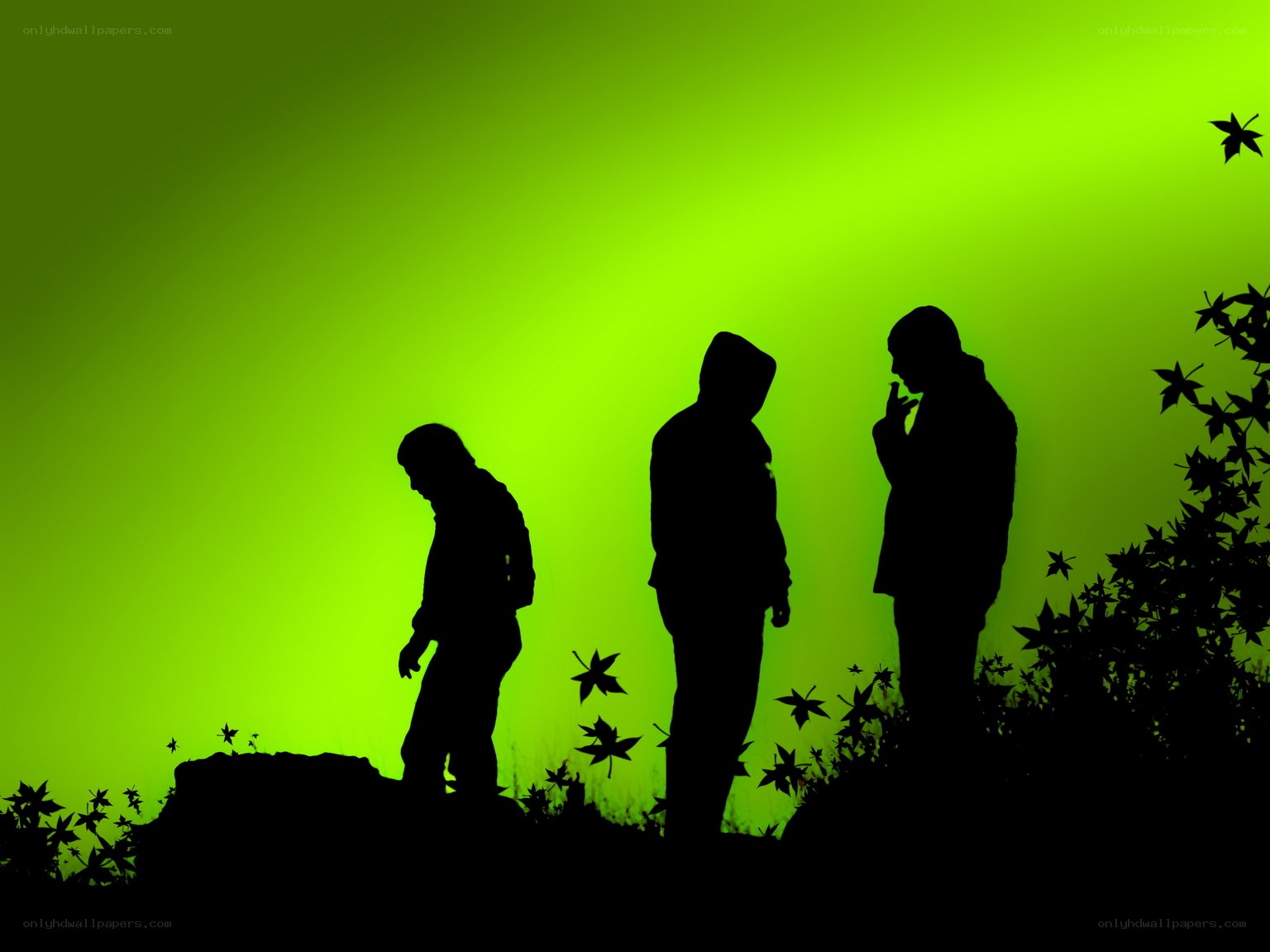 Silhouettes against green light