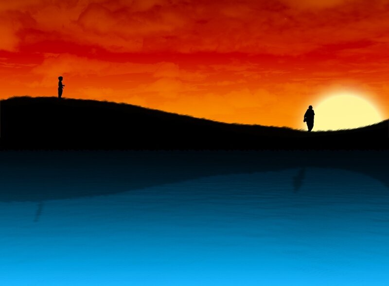 Silhouettes at sunset by water