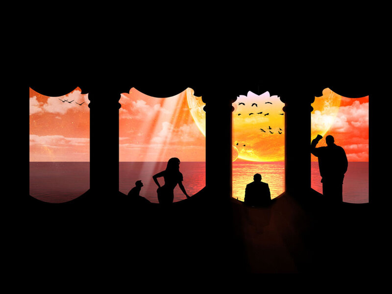 Silhouettes at Sunset — Orange, Dramatic, Digital Art