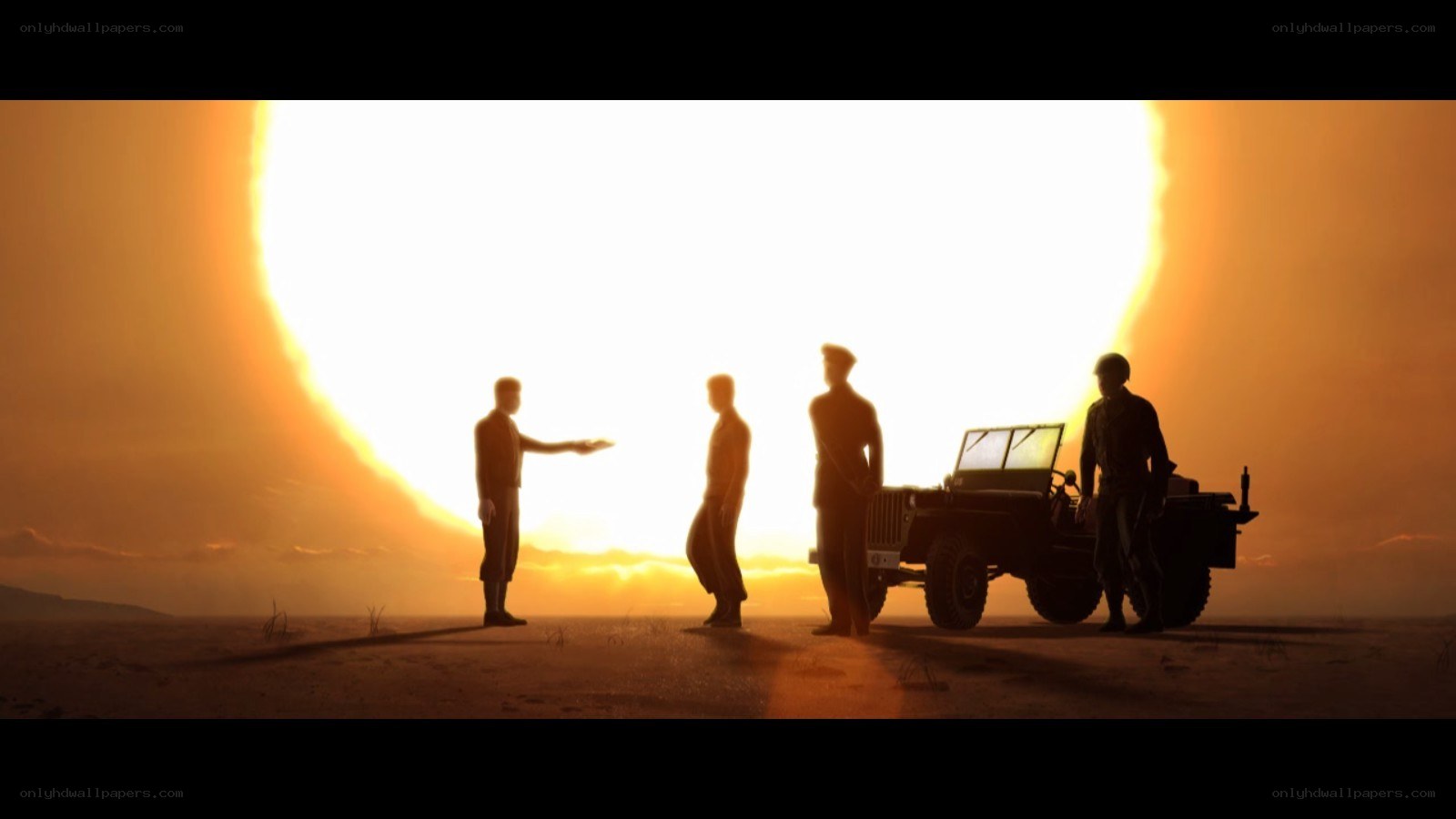 Silhouettes at sunset with jeep