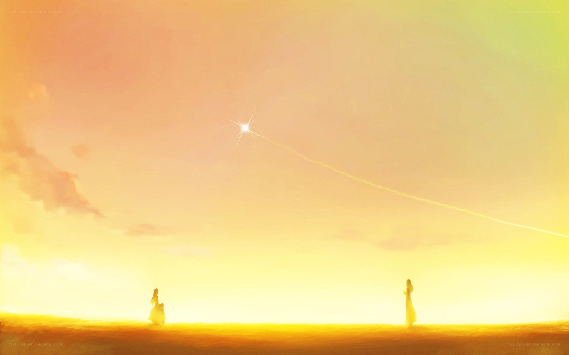 Silhouettes at sunset with shooting star
