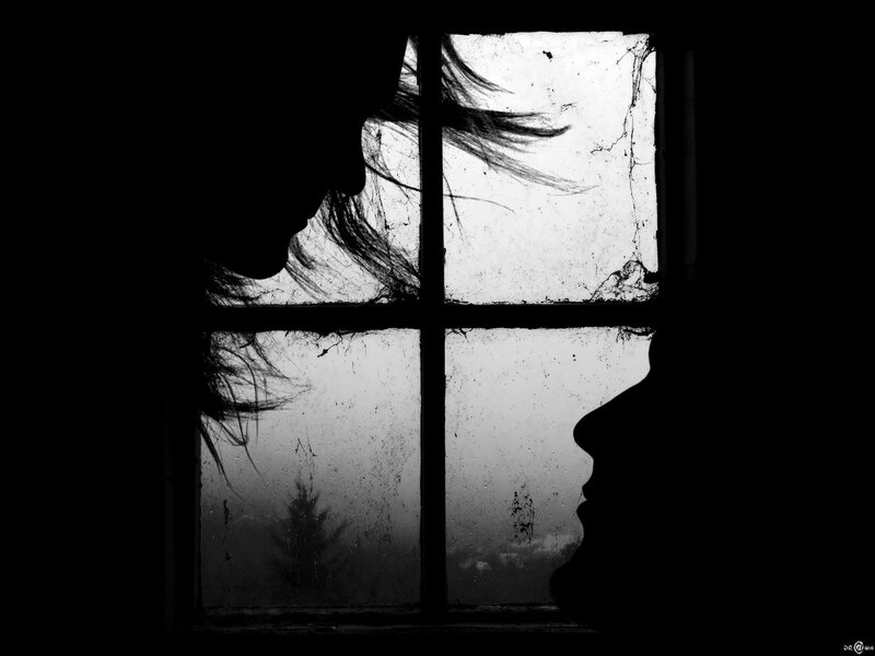Silhouettes at Window — Black, Dramatic, Photograph, Hair, Silhouette
