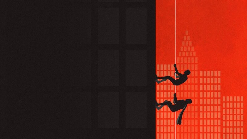 Silhouettes Climbing Building — Red
