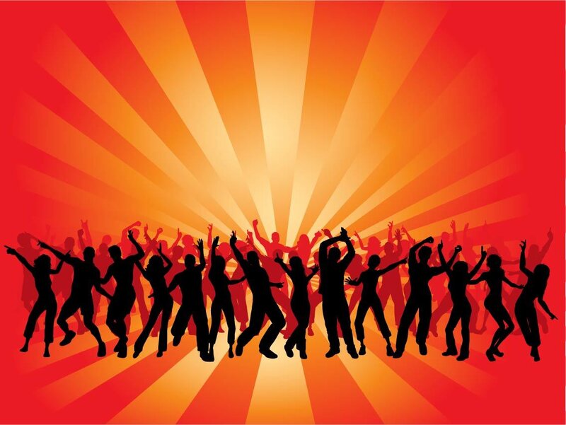 silhouettes dancing against sunburst