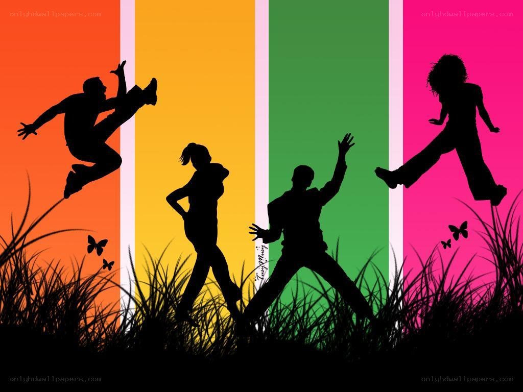 silhouettes dancing on colorful background