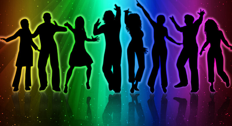 silhouettes dancing on rainbow lights