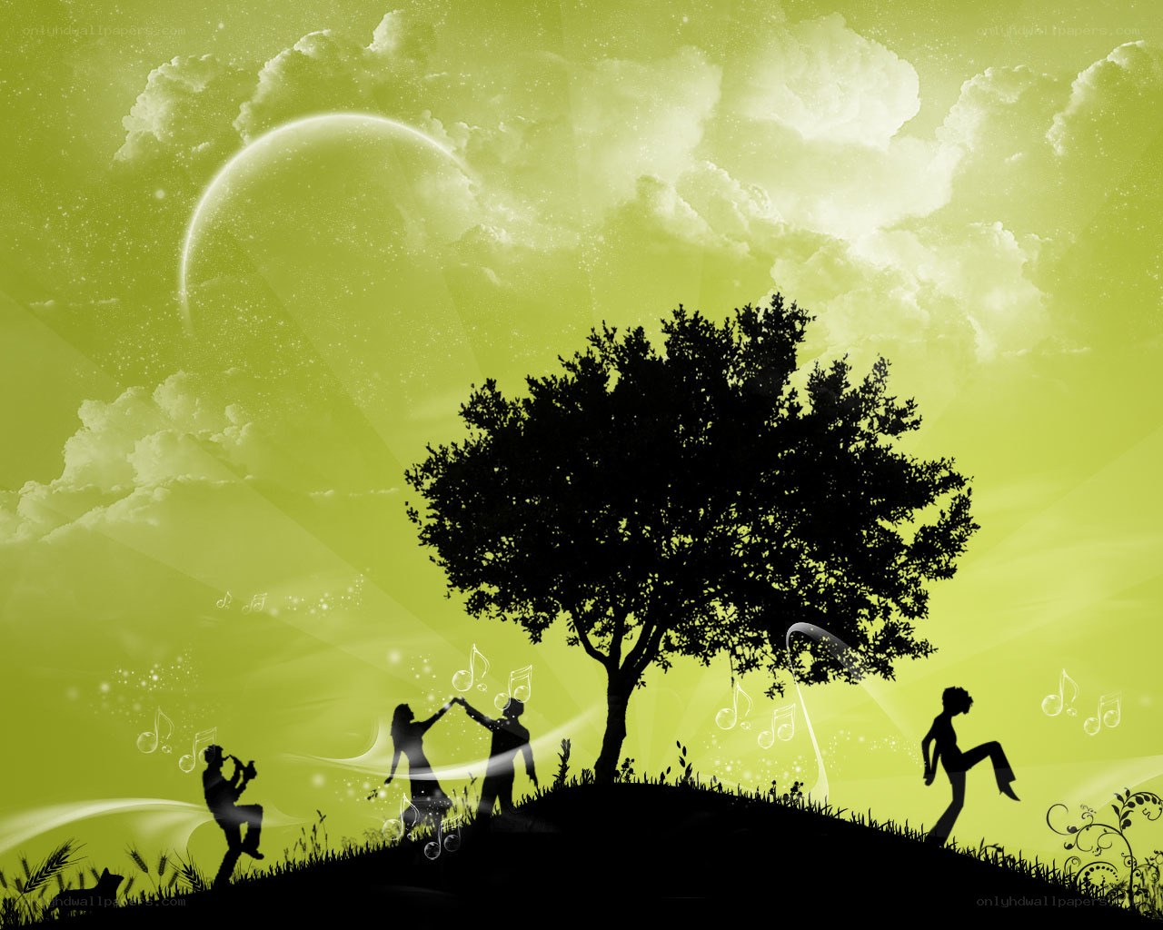 Silhouettes dancing under a green sky