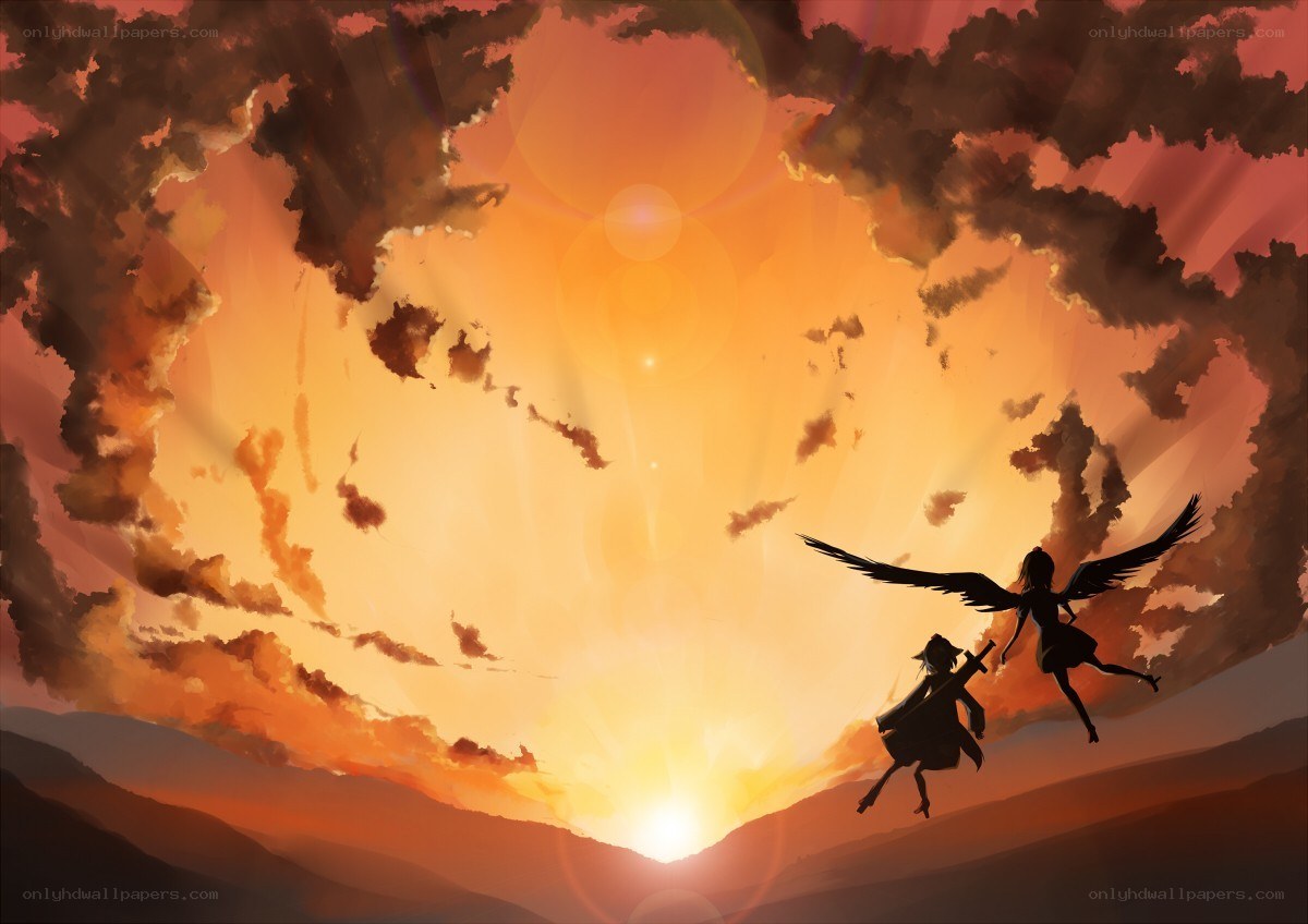 Silhouettes flying at sunset