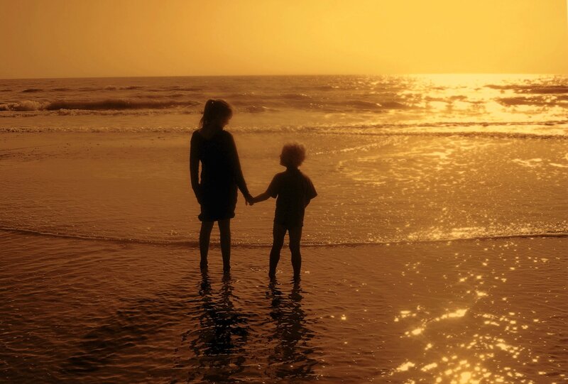 Silhouettes holding hands on beach
