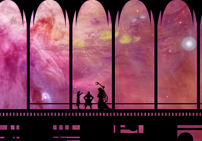 silhouettes in a cosmic hall