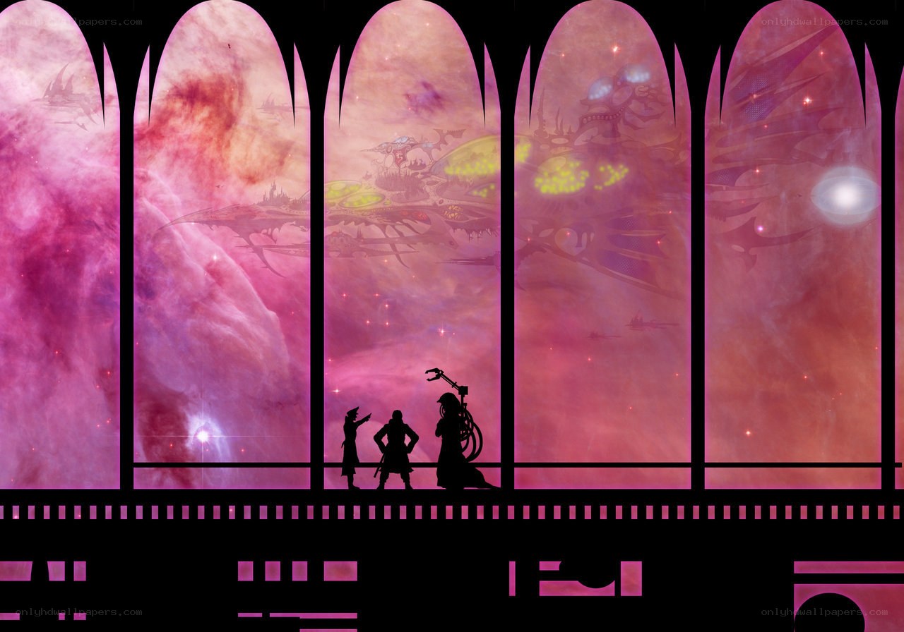 silhouettes in a cosmic hall