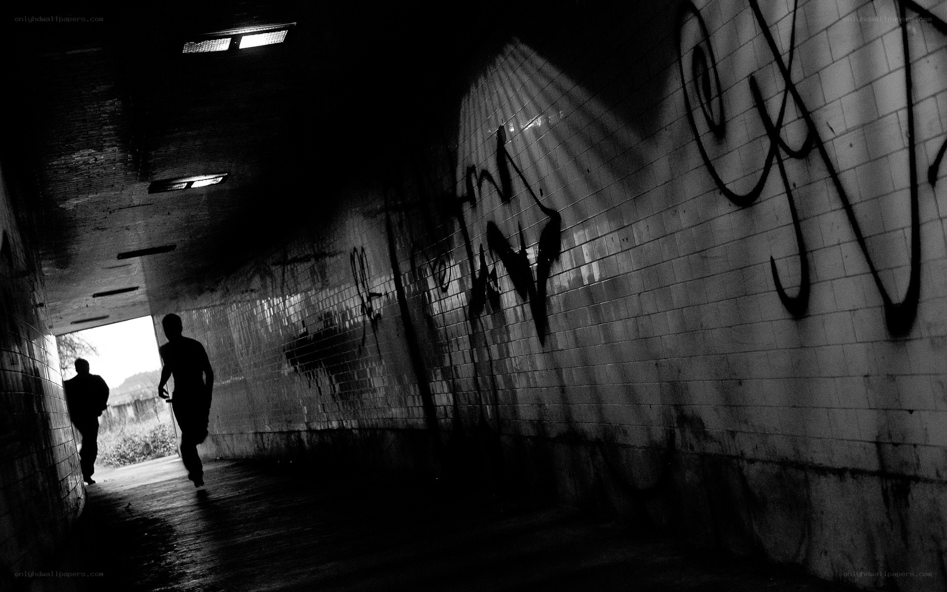 Silhouettes in a graffiti-covered tunnel