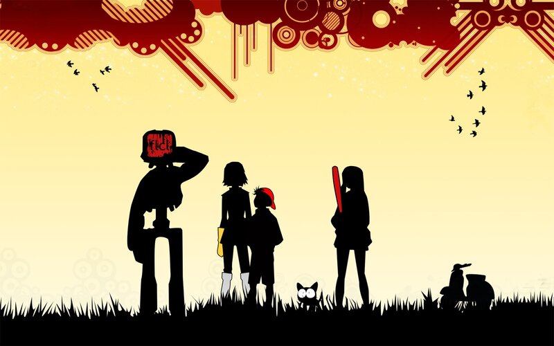 Silhouettes in a stylized landscape