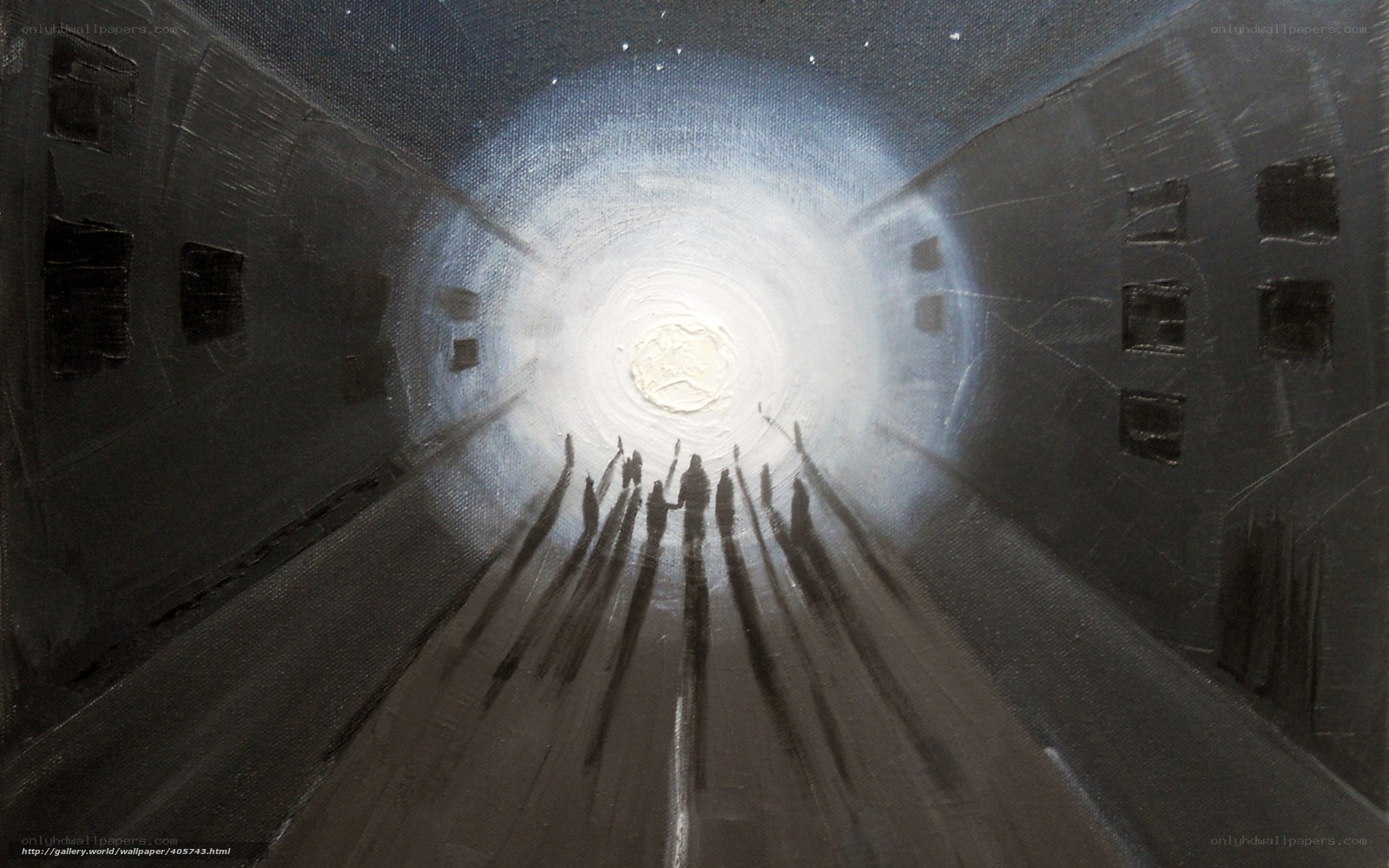 Silhouettes in a tunnel of light