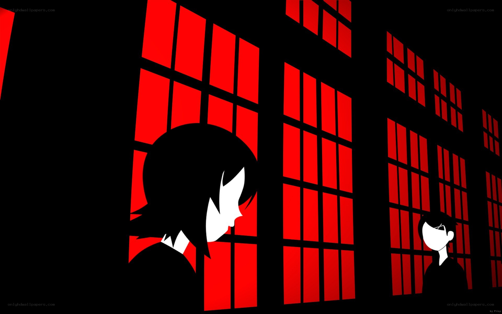 silhouettes in red-lit room