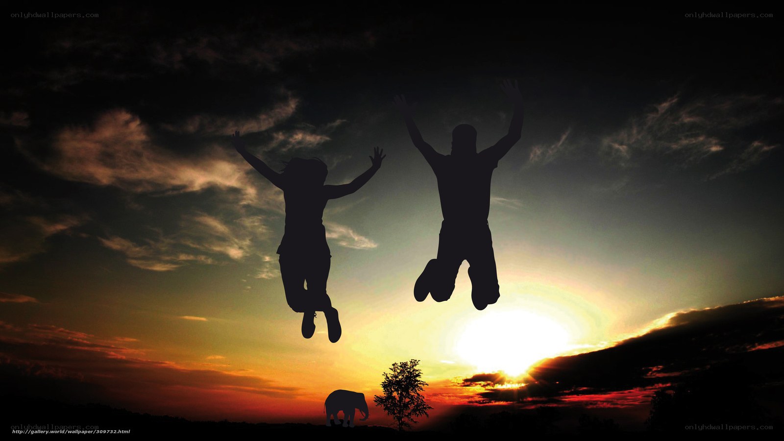 Silhouettes jumping at sunset