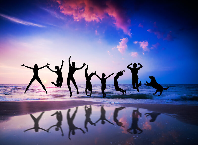 Silhouettes Jumping on Beach — Blue, Dramatic