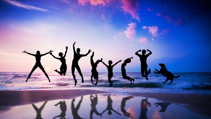 Silhouettes Jumping on Beach — Blue, Joyful
