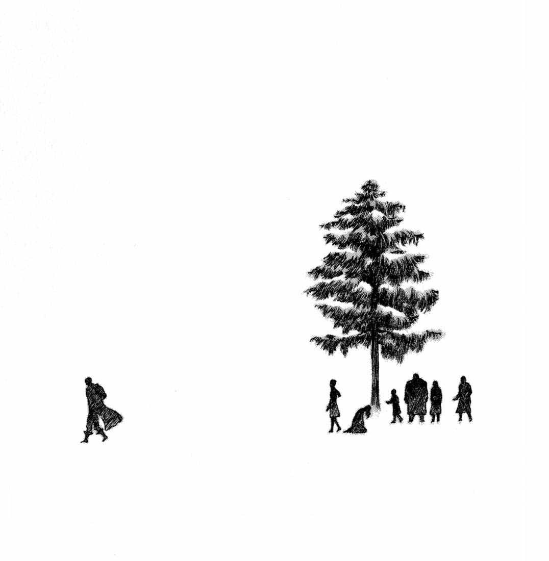 Silhouettes near a tree