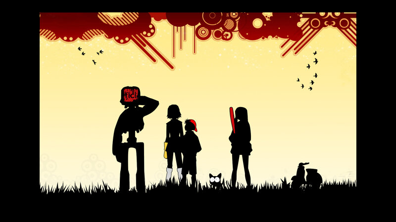 Silhouettes of characters in a stylized scene