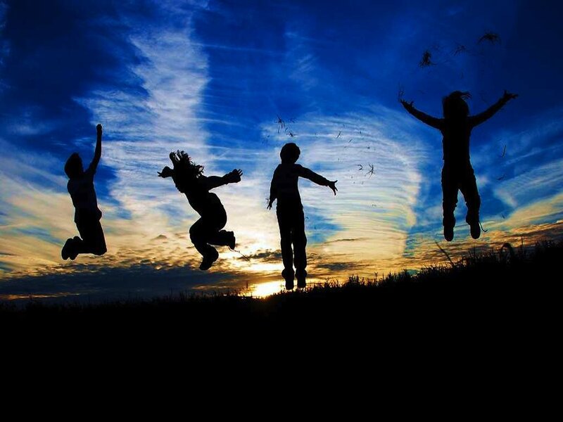 Silhouettes of Children Jumping — Blue, Dramatic