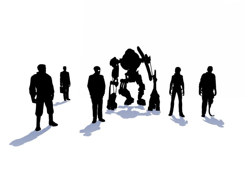 Silhouettes of people and robot