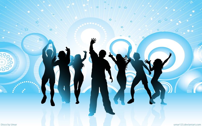 Silhouettes of People Dancing — Blue, Energetic, Vector Art, Stars, Circles