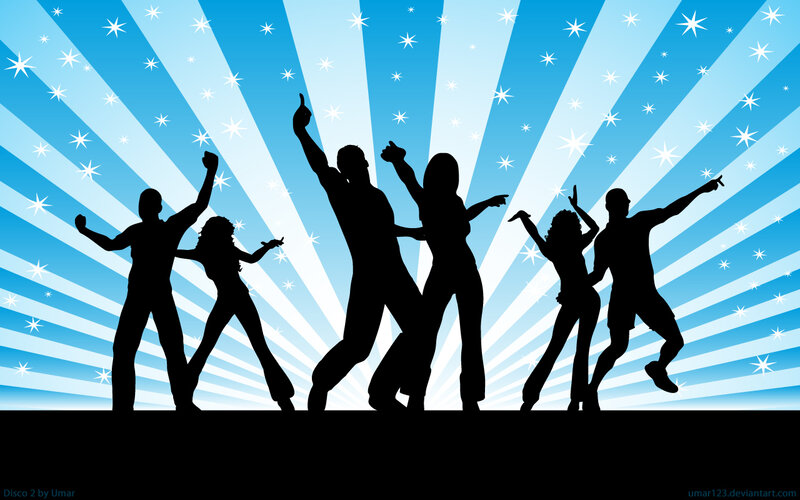 Silhouettes of People Dancing — Blue, Energetic, Vector Art, Stars, Radiating Lines
