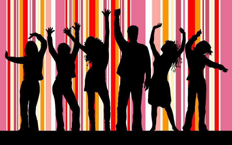 Silhouettes of People Dancing — Red, Energetic, Vector Art, Striped Background