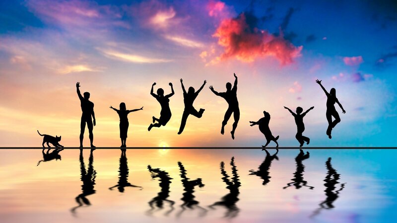 Silhouettes of People Jumping — Blue, Joyful