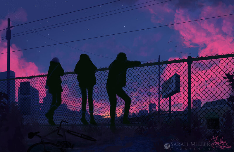 Silhouettes of Three People — Purple, Dramatic