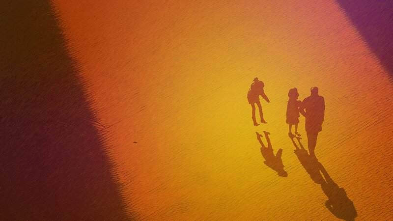 Silhouettes of Three People — Yellow, Dramatic