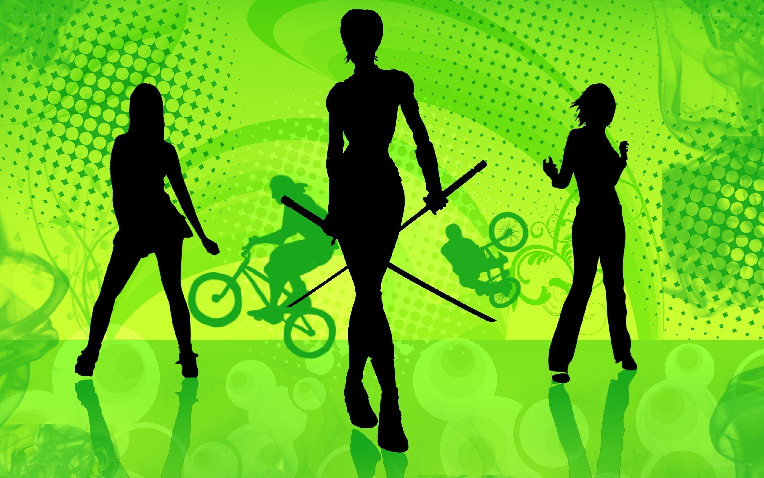 Silhouettes of women with weapons