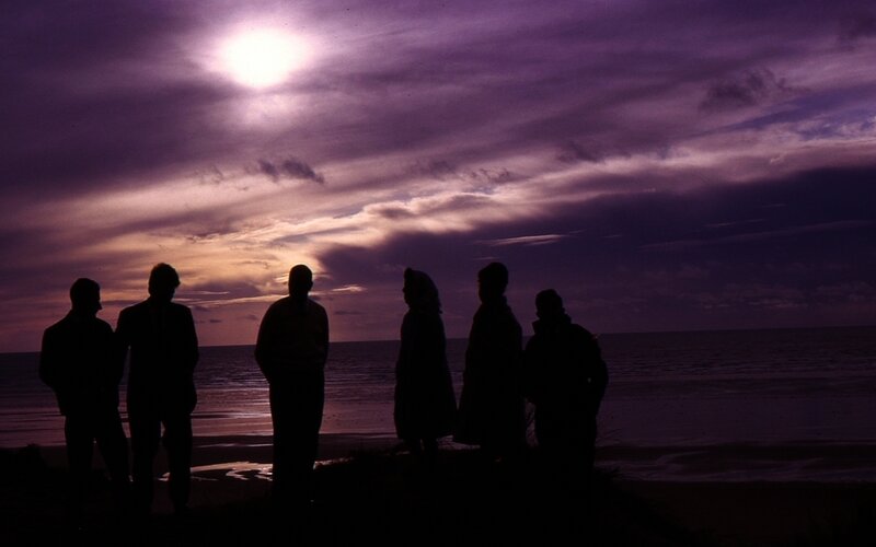 Silhouettes on a beach at dusk