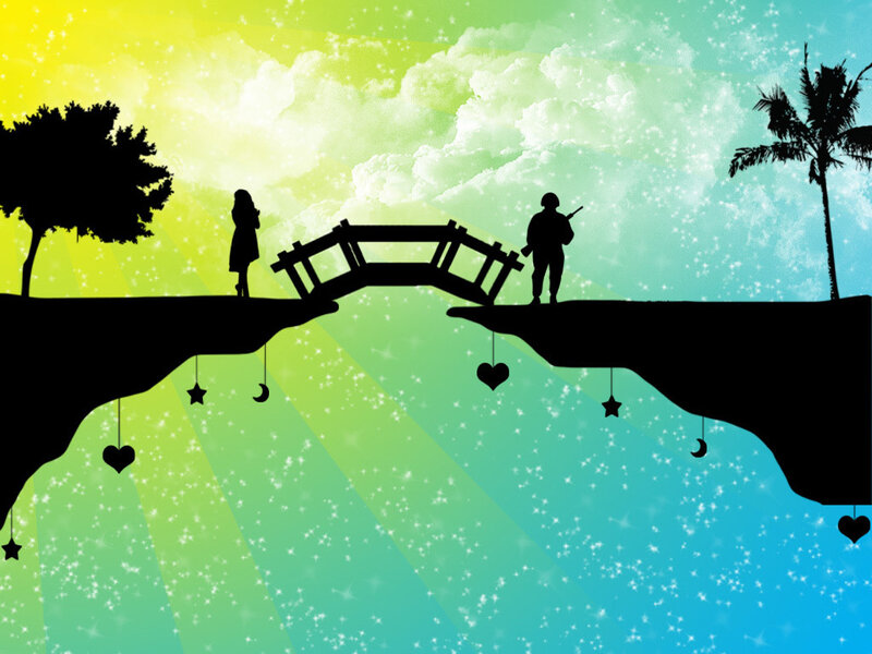 Silhouettes on a bridge of love