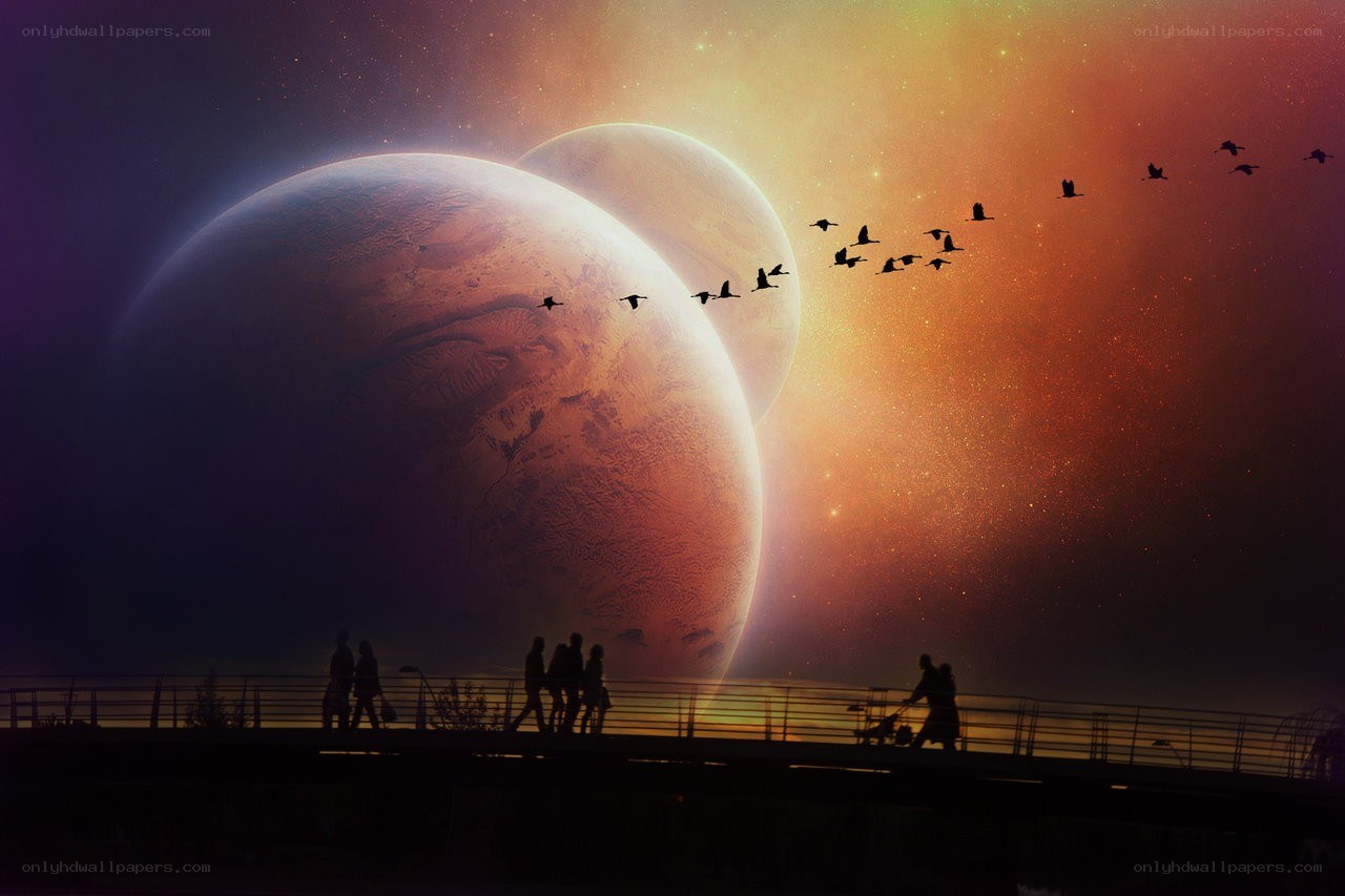 Silhouettes on a bridge with planets