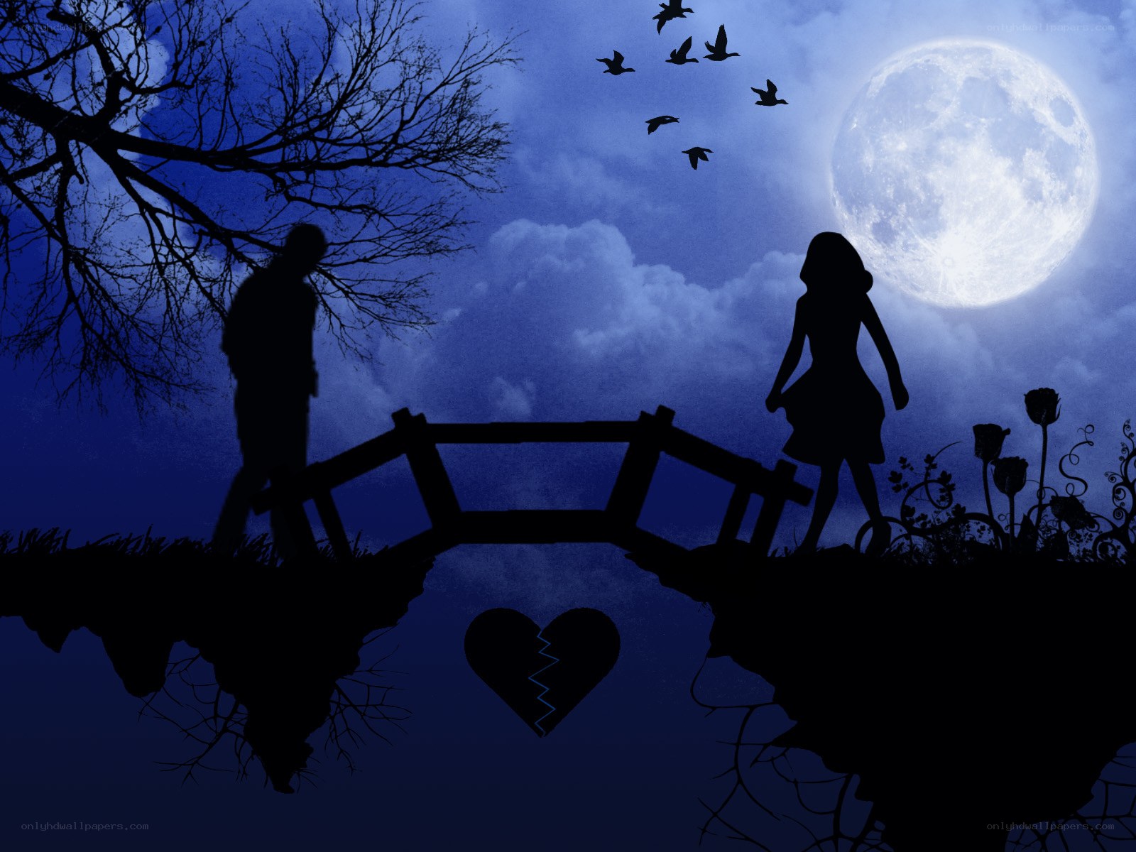 Silhouettes on a broken bridge