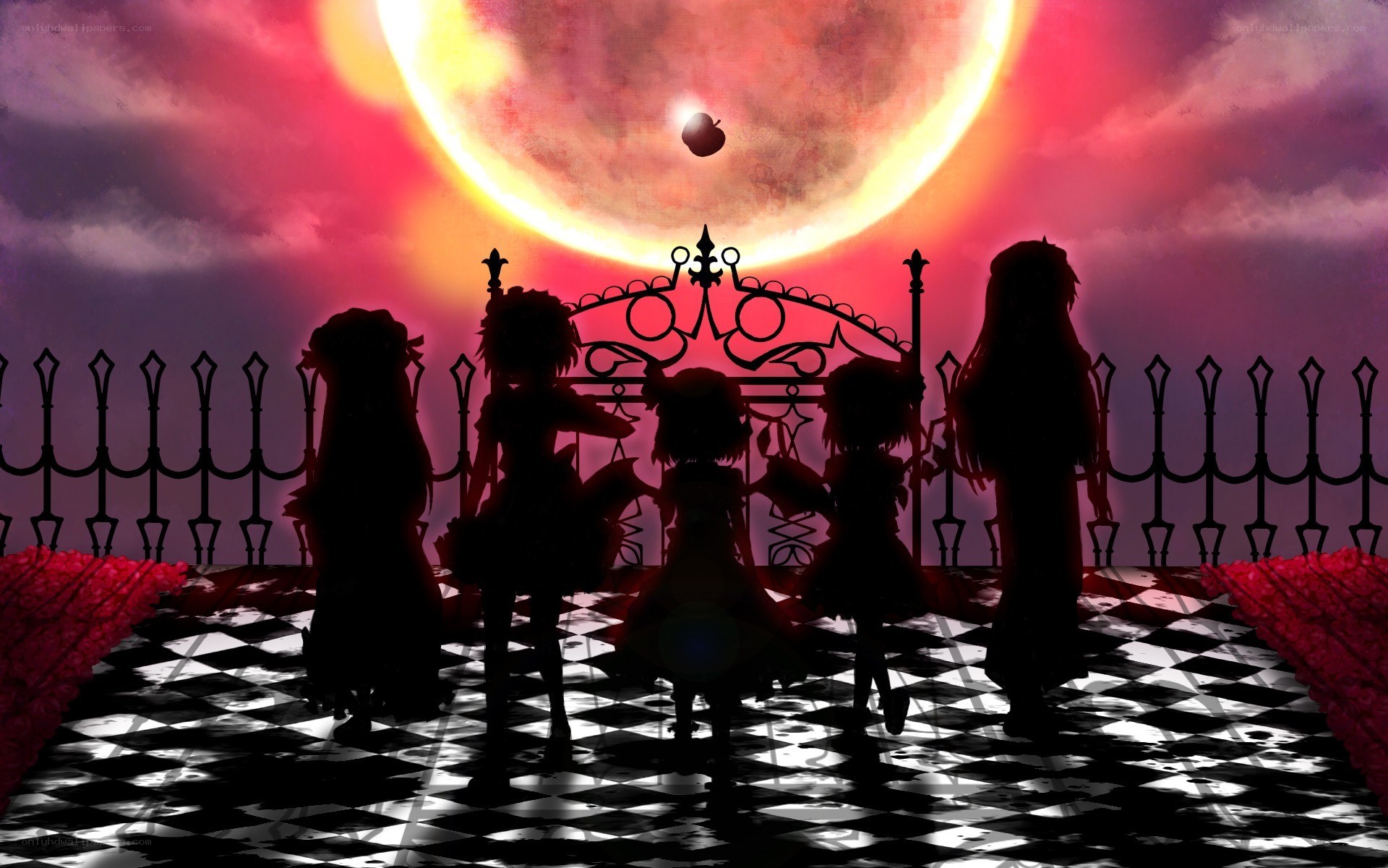 silhouettes on a checkered path