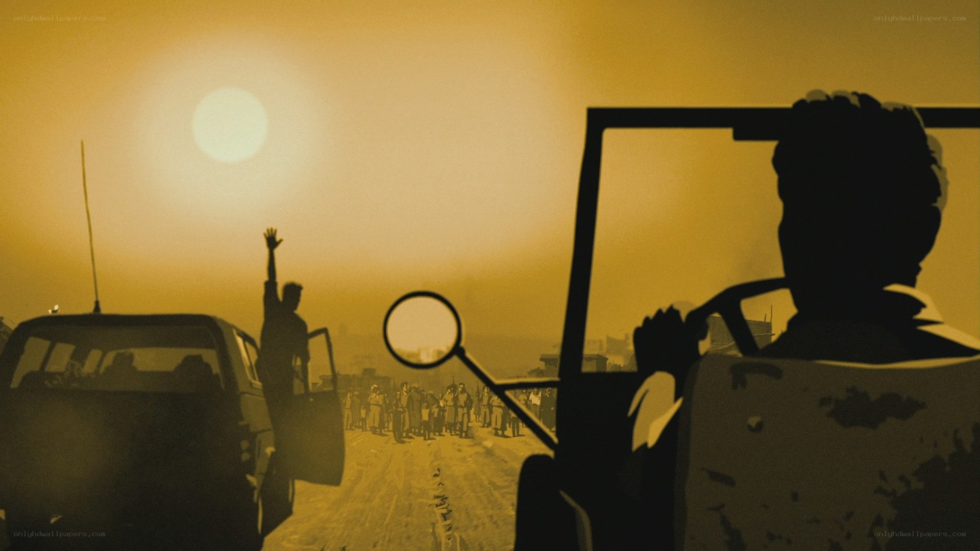 Silhouettes on a dusty road